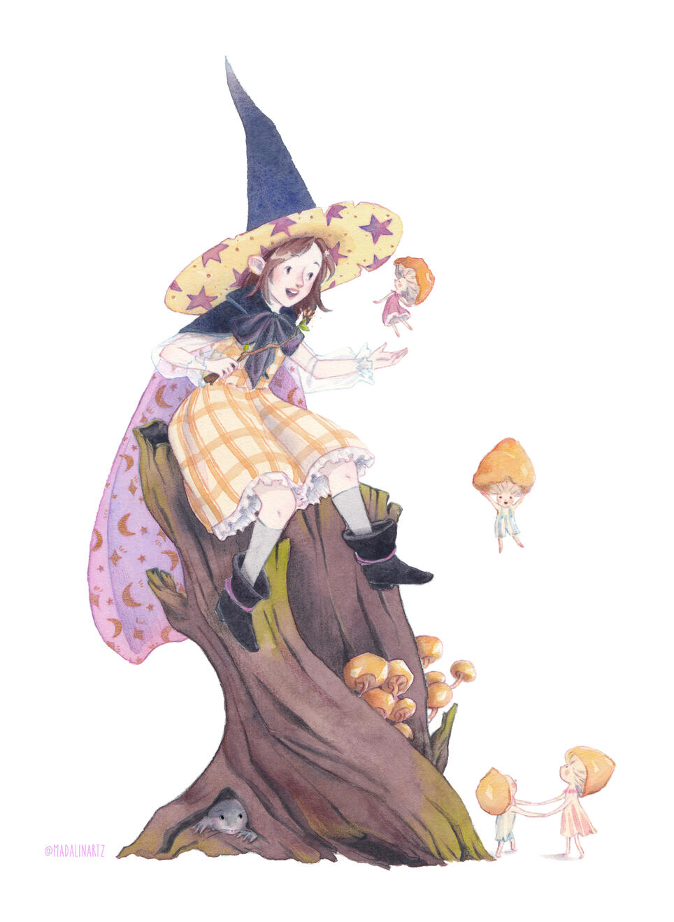 LITTLE WITCH IN THE WOODS, watercolor + pencils